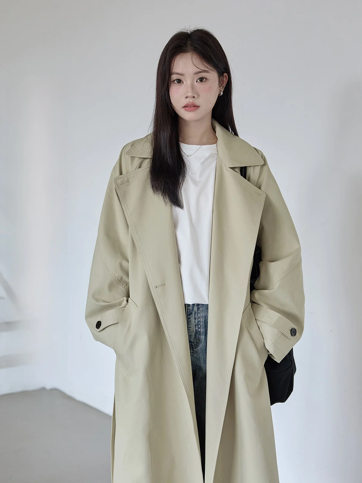 

Khaki Color Women's Coat HuiXi Series Korean Sle Long Lapel Windbreaker Jaet Mid-Length Loose Fit Commute Pattern Single ...