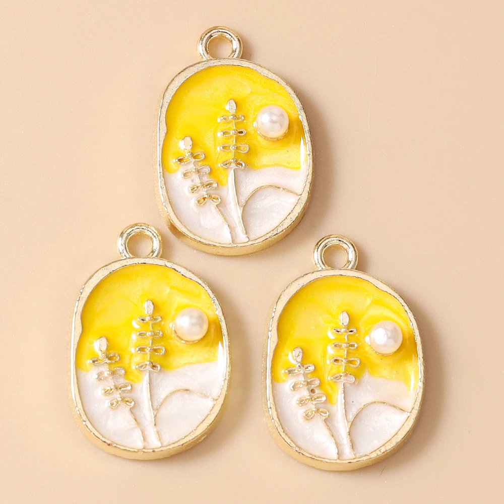 Leslie 10 Stück Retro Goldfarbene Ölgemälde-Perlenblumen-Anhänger für DIY Ohrringe, Halsketten, Handgemachter Schmuckherstellung – Detail 28