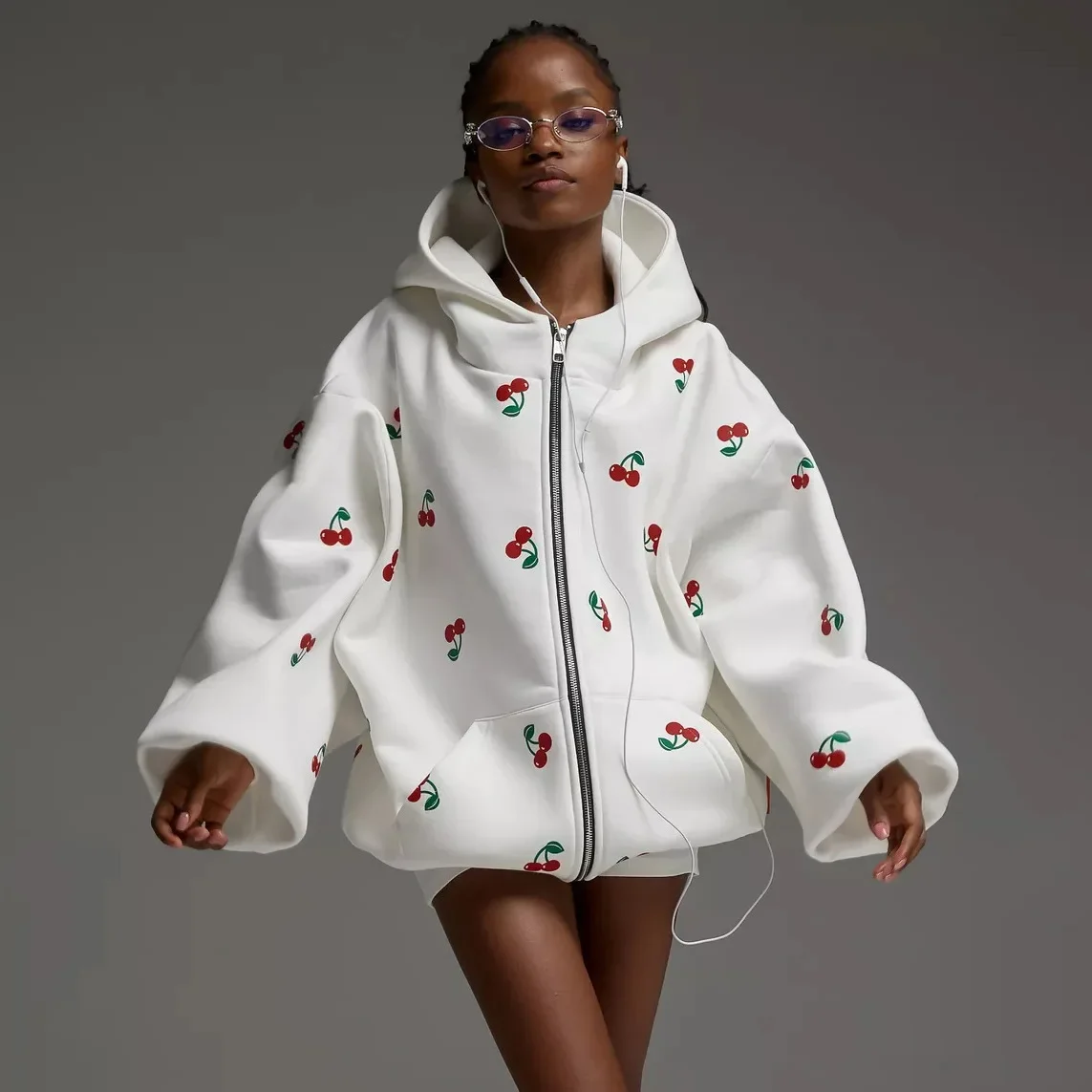 

2025 New Cherry print sweater jacket autumn women's European and American street style fashion versatile sports hoodie women