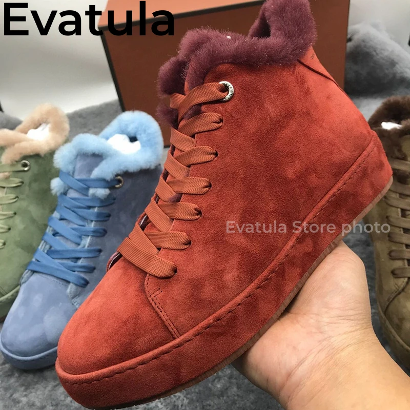 Winter High Top Suede Lace Up Fur Flat Shoes For Women Round Toe Thick Sole Warm Wool Ankle Boots Casual Plush Sneakers Feminine