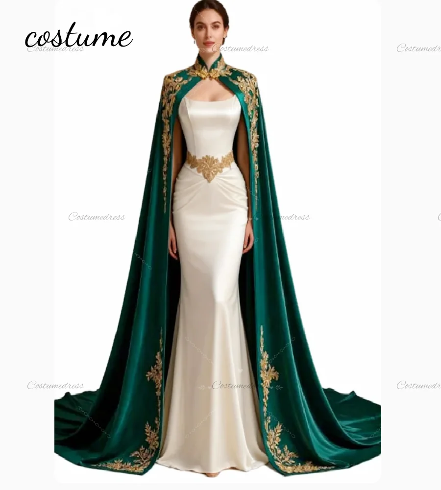 エレガントなグリーンのアラビア風イブニングドレス、ケープ付きツーピースサテン、ドバイアバヤ、プロムガウン、ゴールドレース、マーメイド、フォーマル、誕生日ドレス