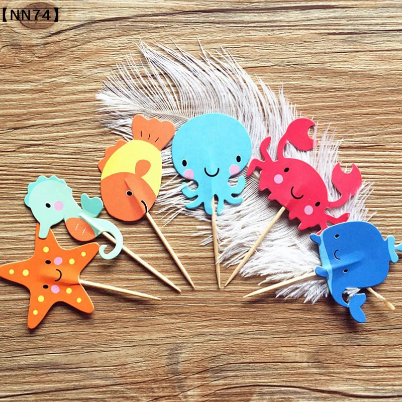 24pcs Ocean Animal Cupcake  Under The Sea Birthday Party Cake Decorations Baby Shower Girls Mermaid Themed Party Supplies[J]【W4】