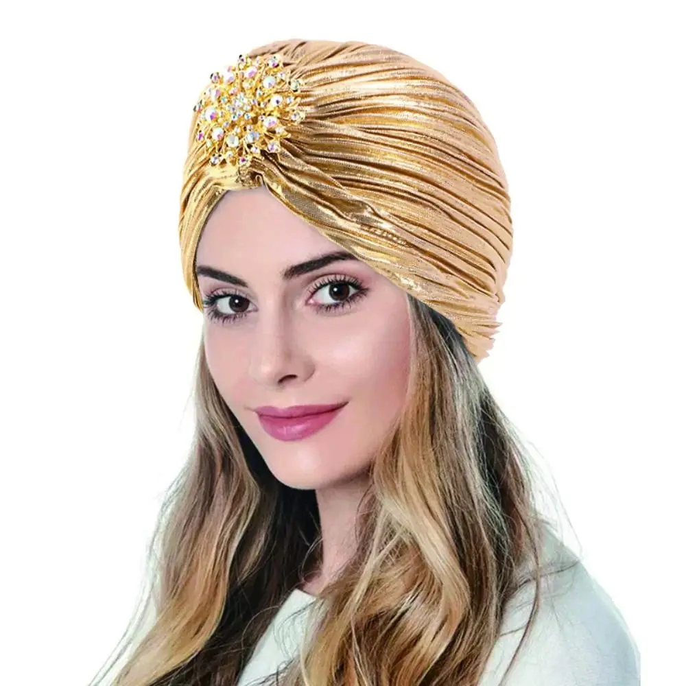 New Fashion Diamond Jewel Turban Hats Women Gold Silver Chemo Bandana Hijab Soft Velvet Hair Accessories Hat Pleated Indian Cap