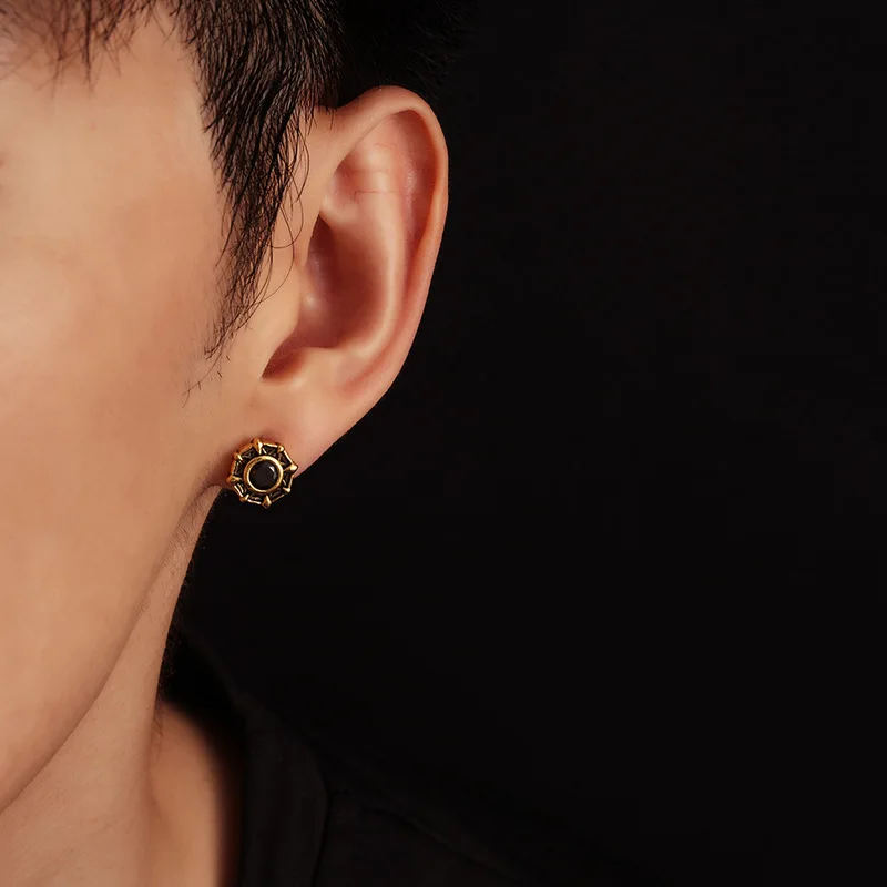 Vintage Octagonal Hollow Gem Gold Stainless Steel Crystal Inlay Gothic Piercing Stud Earrings for Men