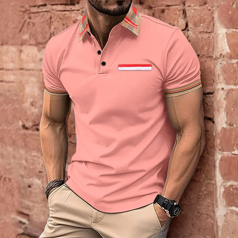 2024 new summer Polo T-shirt Men\'s casual lapel button-down shirt fashion contrast striped collar with short sleeve top