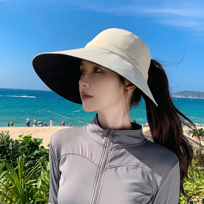 Big Brim Women Summer Hats Outdoor Travel Beach Bucket Hat for Woman Panama Hats Teenager Girls Ponytail Cap Adjustable Brim