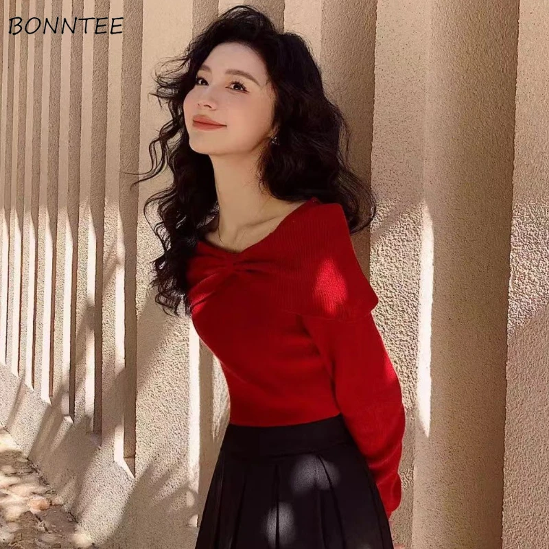 Red T-shirts Women Slash Neck Gentle Casual New Year Tender French Style Autumn Winter Simple Elegant Females Aesthetic Clothes