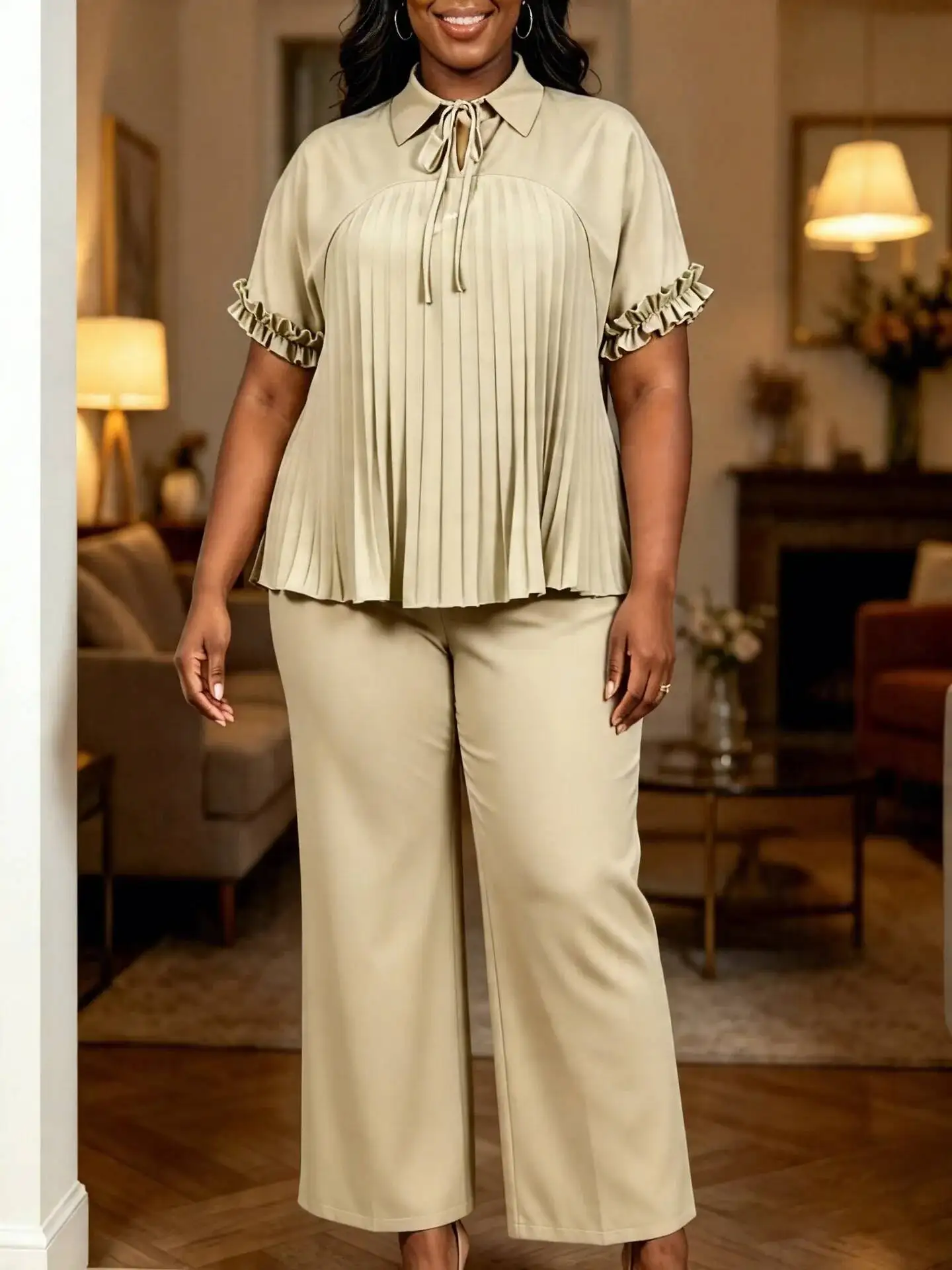 Plus-size Women's Clothing: Doll-collar Ruffled Sleeve Tie-waist Pleated Shirt And High-waisted Straight-leg Pants Casual Set - view 6