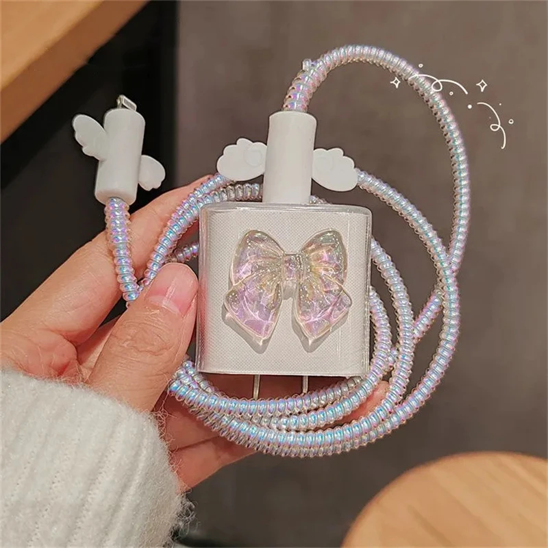 Clear Colorful Bowknot Soft Silicone Charger Case For IPhone 11 12 13 14 15 18/20W Cute Charge Protection Cover Charger Sleeve