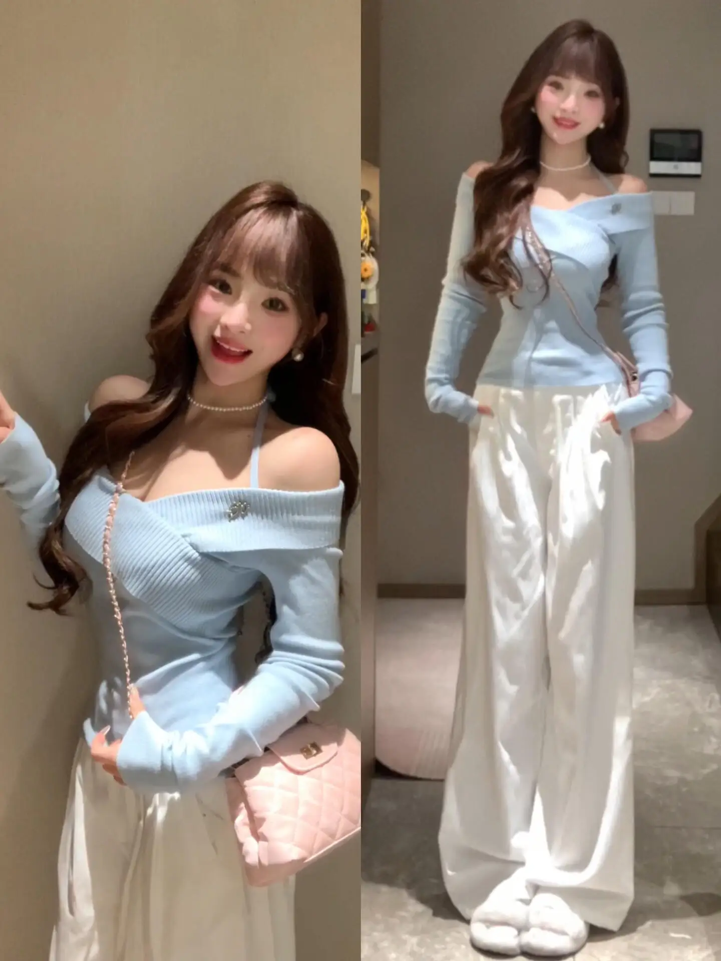 

Корейский вязаный свитер на одно плечо с вырезом на ключицу, женский, весенний, нежный, для ношения под одеждой, приталенный, с длинным рукавом