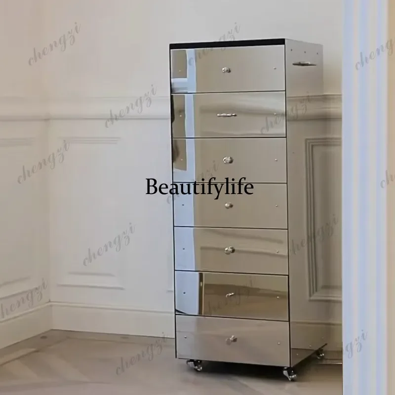 P182  Italian light luxury chest, high-end stainless steel mirror drawer cabinet, modern simple art view 4