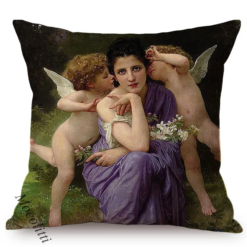 World Famous Oil Painting Pattern Sofa Throw Pillow Case Cute Angel Virgin Mary Portrait Art Square Cushion Cover Chair cojines