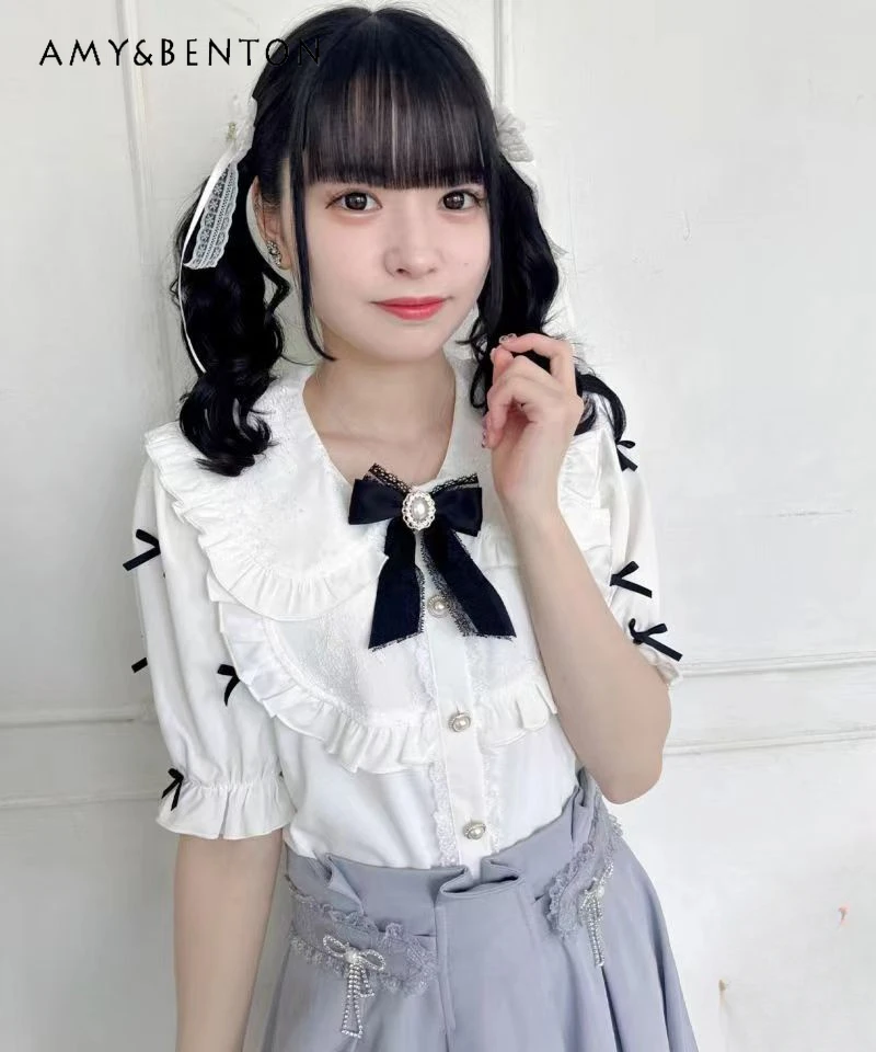 

Japanese Summer Sweet Bow Doll Collar Puff Sleeve Lolita Shirt Women Mine Mass-Produced Lace Stitching Cute Lotus Leaf Blouse