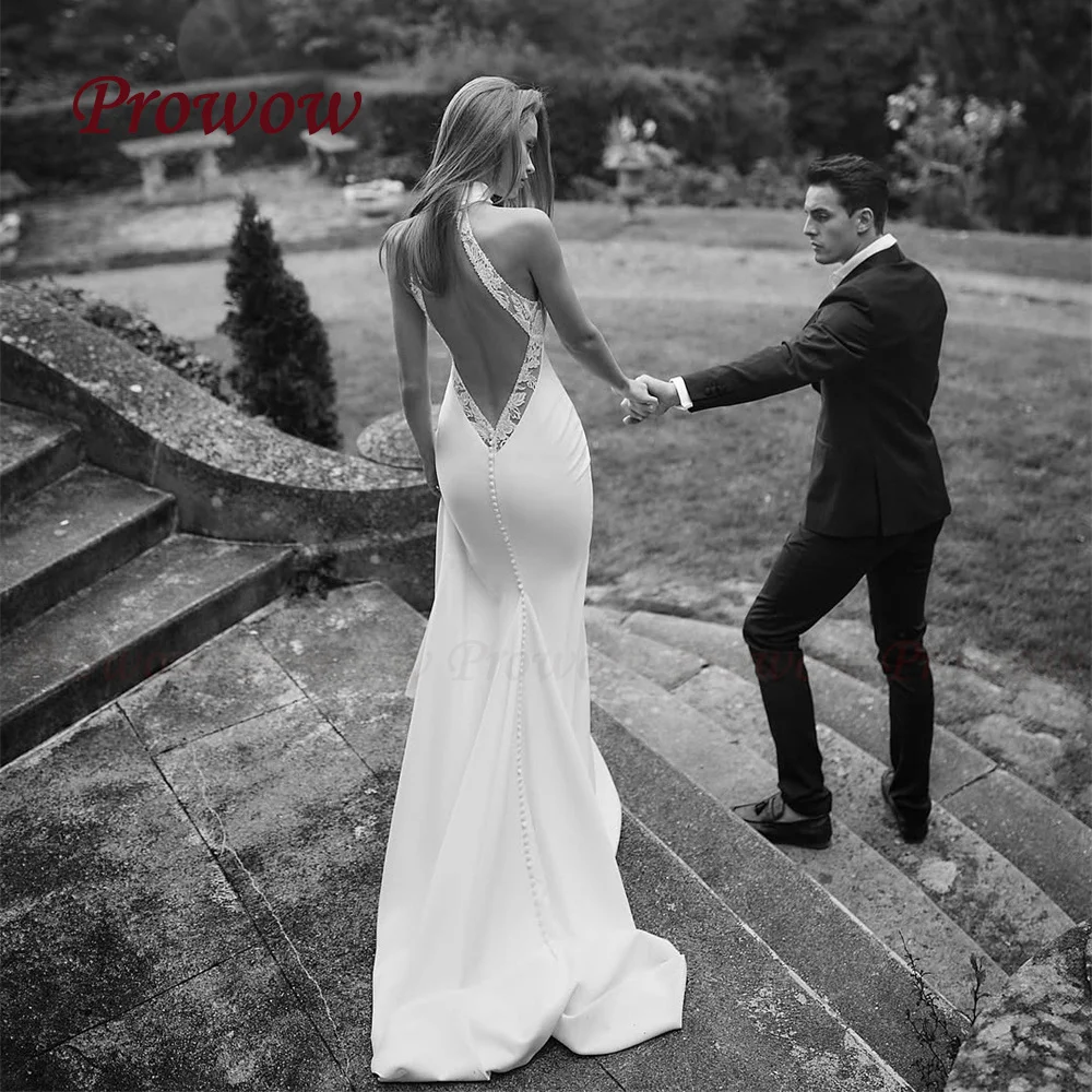 

Prowow Sexy Halter Mermaid Wedding Dress Sleeveless Beading Ivory Bridal Gown Pleated Illusion Zip Back Sweep Train Customized