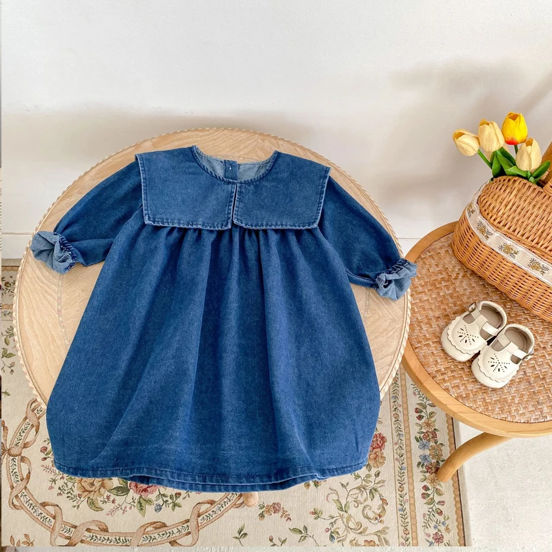 Autumn new 0-3 year old baby clothes girl baby denim clothes sisters clothes cute wear large lapel dress