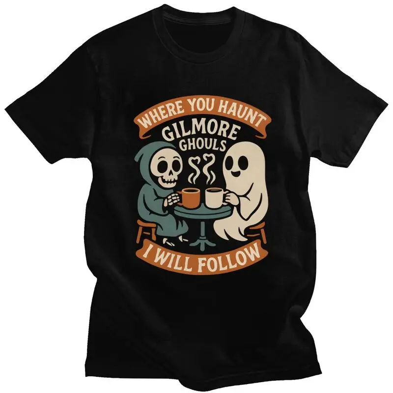 

Футболка Gilmore Ghouls Where You Haunt I Will Follow для мужчин, футболка с призраками на Хэллоуин, футболка с короткими рукавами, свободная одежда