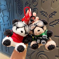 Backpack Decoration Pilot Bear Keychain Stuffed Animal Plushies Toys Panda Plush Doll Kawaii Cartoon Plush Key Ring Women Girls