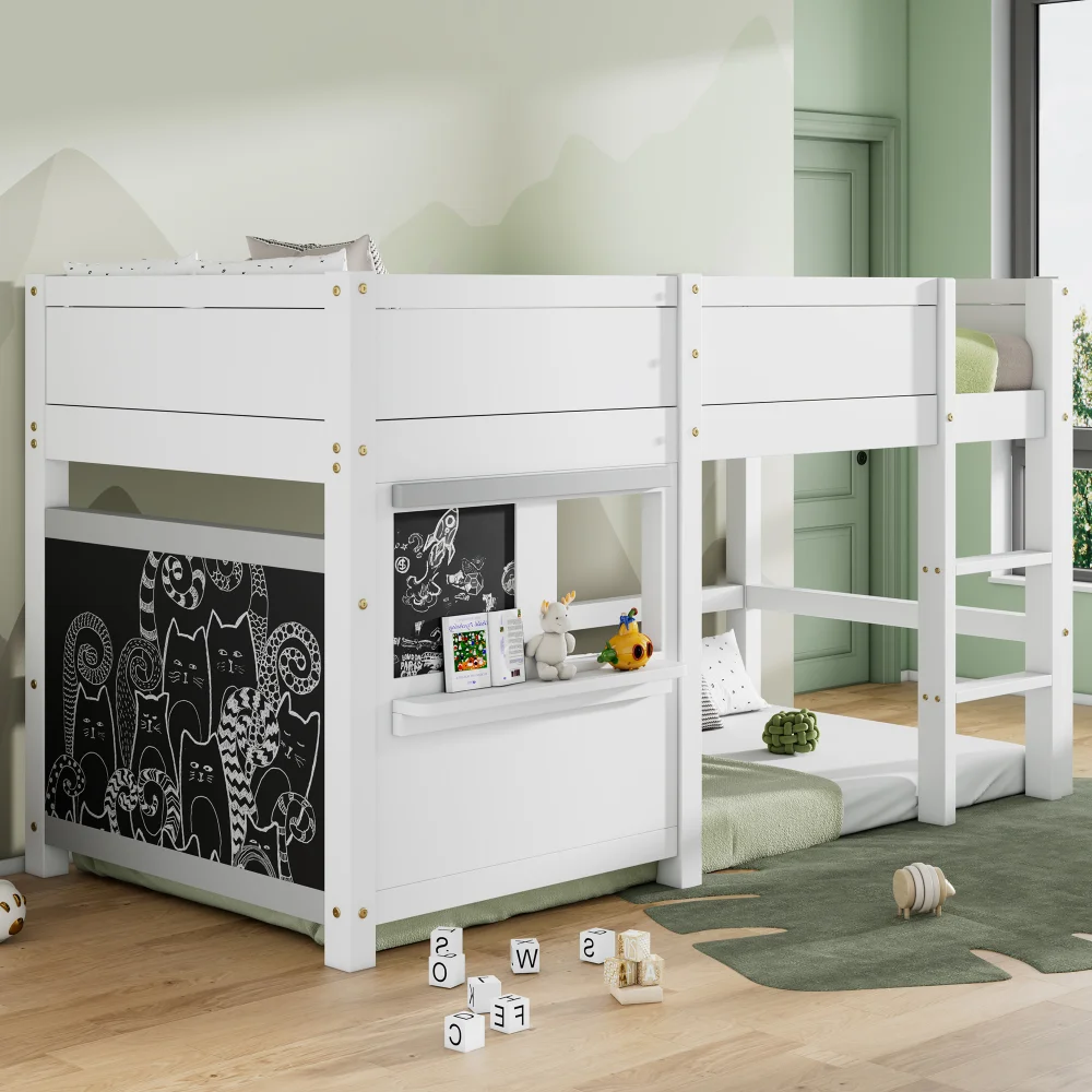 Lit superposé 90x200cm, cadre en bois massif blanc, lit superposé pour enfants avec 2 barrières anti-graffiti, petit compartiment de rangement, lit double sécurisé pour enfants, meubles de chambre à coucher peu encombrants pour adolescents, garçons, filles, chambre d'hôtes, cadre de lit robuste, montage facile