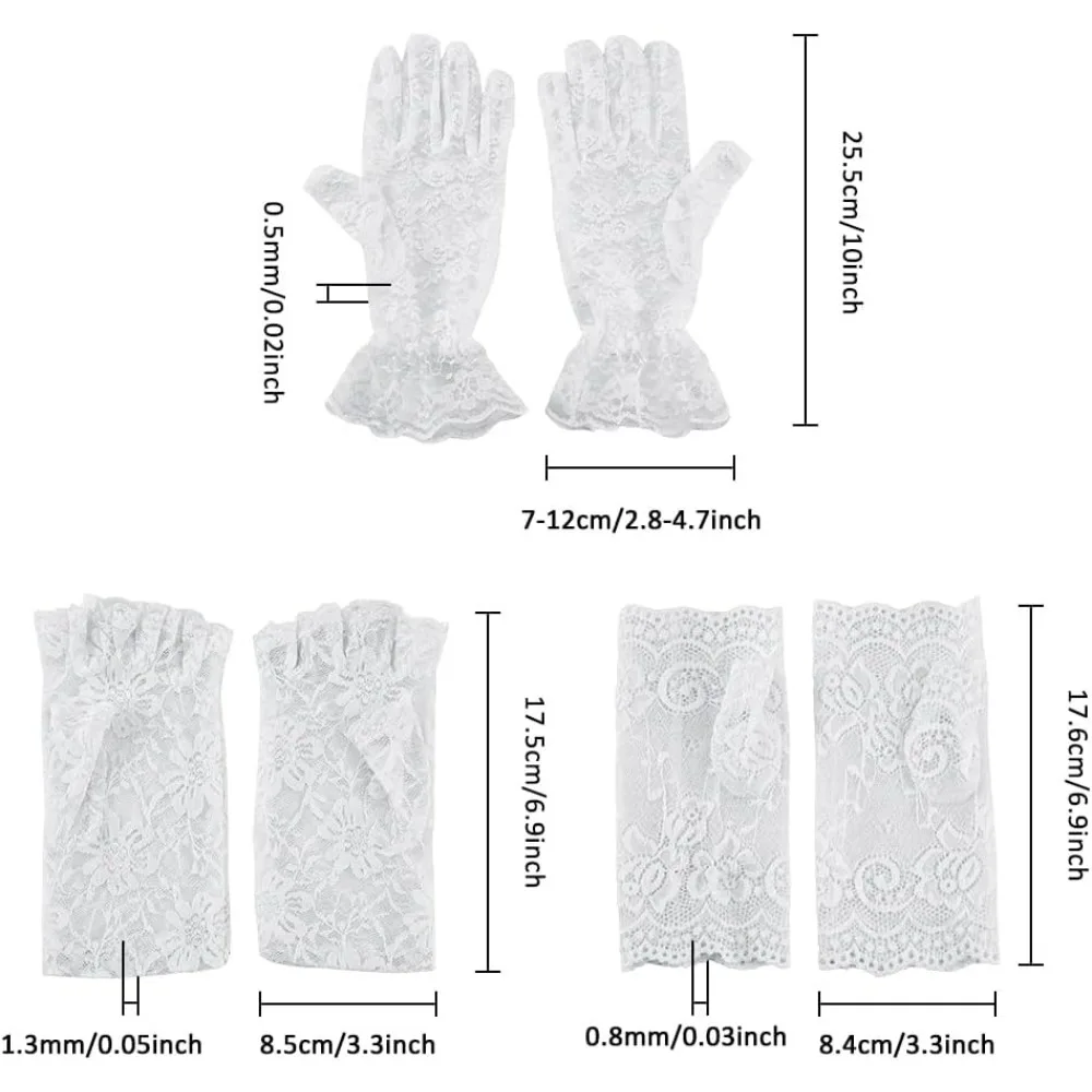 여성용 레이스 장갑, 흰색 우아한 짧은 신부 장갑, 티 파티 장갑, 손가락 없는 꽃 손목 장갑, 3 가지 스타일, 3 쌍
