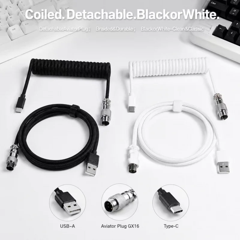 59 inch Type-C Coiled Mechanical Keyboard Cable – Detachable Gaming Keyboard Wire with Aviation Connector, Computer Accessories