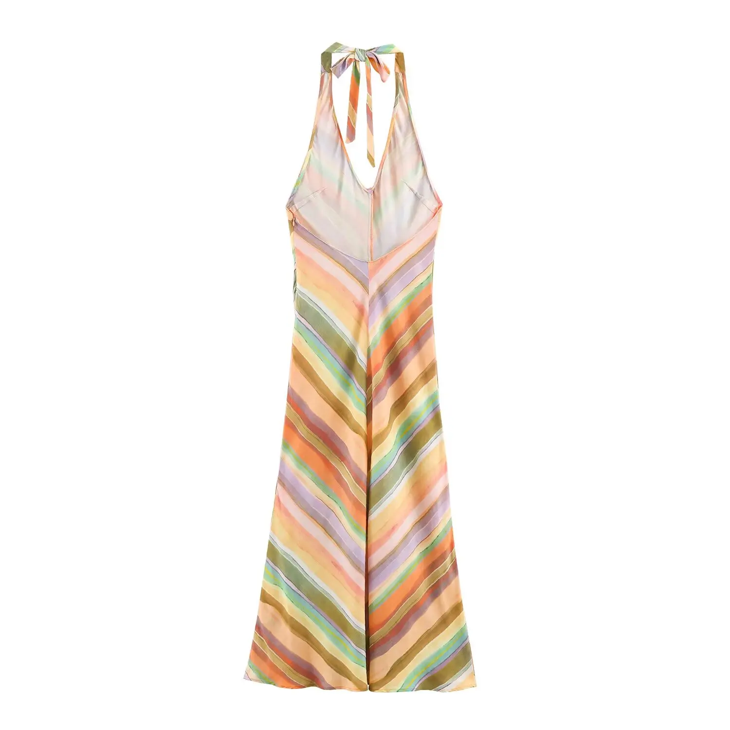BSAY Damen-Maxikleid mit Neckholder, V-Ausschnitt, bunter Chevron-Streifendruck, ärmellos, langes Kleid mit Rückenbindung, Sommer-Strandurlaub-Sonnenkleid – Detail 3