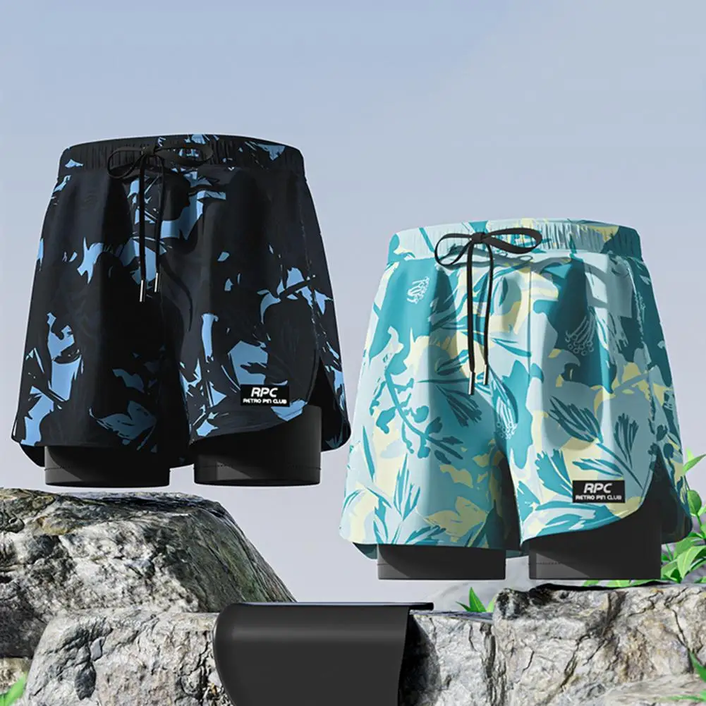 Mens Swimming Trunks with Compression Liner Drawstring Printing Swimming Shorts Pockets Printing Swimming Trucks