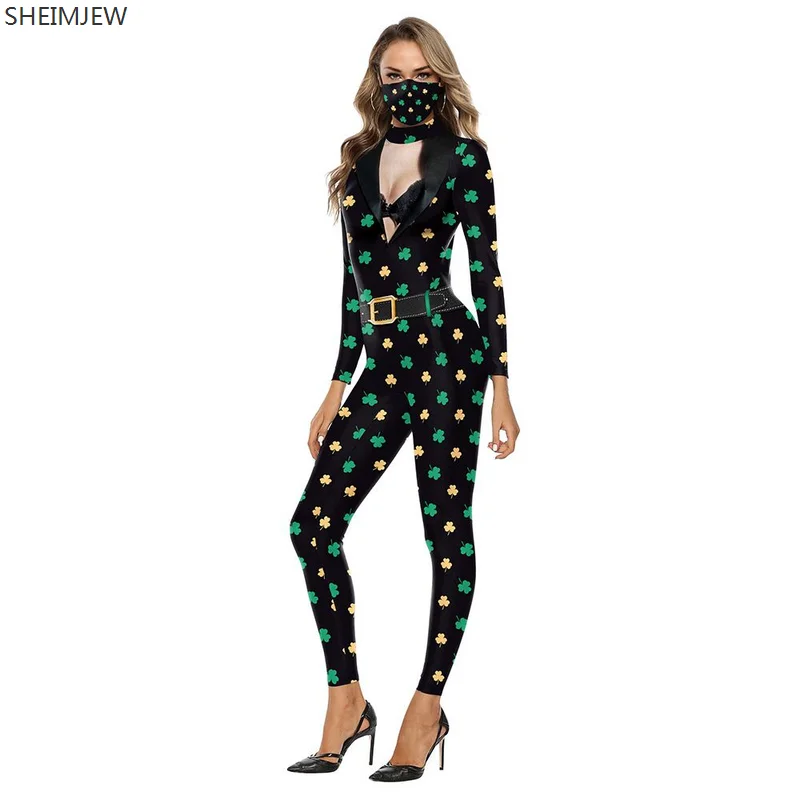 

New Cosplay St. Patrick's Day 3D Clover 3D Print Sexy Bodysuits Women Long Sleeve Skinny Party Jumpsuits