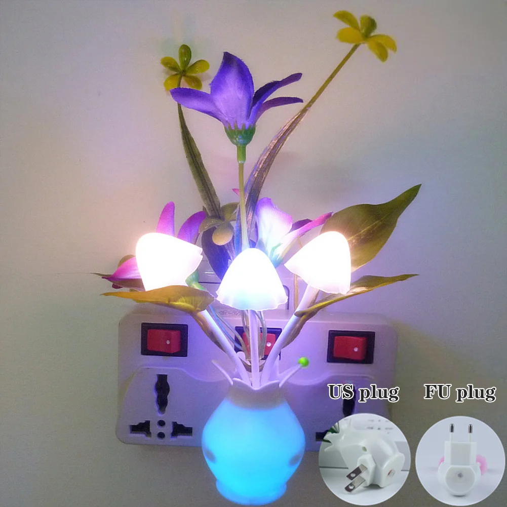 Plug-in Night Light With Auto Light Sensor RGB LED Mushroom Night Light, Energy Efficient Plug Into Wall Flower Lamp For Nursery