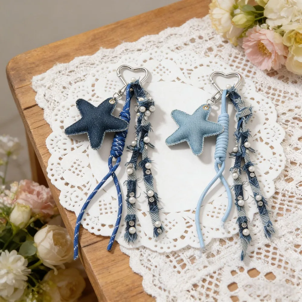 Y2K Denim Keychain Distressed Frayed Ribbon Pearl Tassel Star Heart Pendant Decorative Bag Charm Accessory For School Backpack