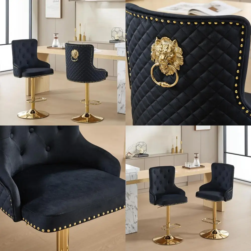 고급스러운 터프티드 등받이 회전 의자, 2개 세트, 황금 사자 베이스가 있는 현대적인 조절 가능한 카운터 높이 의자