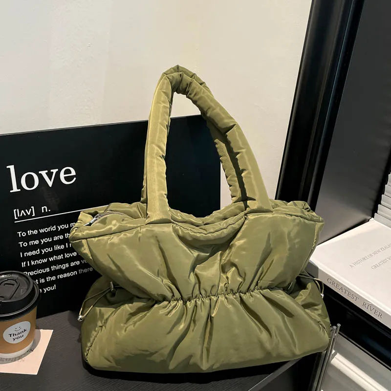 2026 Winter Army Green Nylon Shoulder Bag Space Cotton Handbag Women Large Capacity Tote  Feather Padded Ladies Shopper Bag
