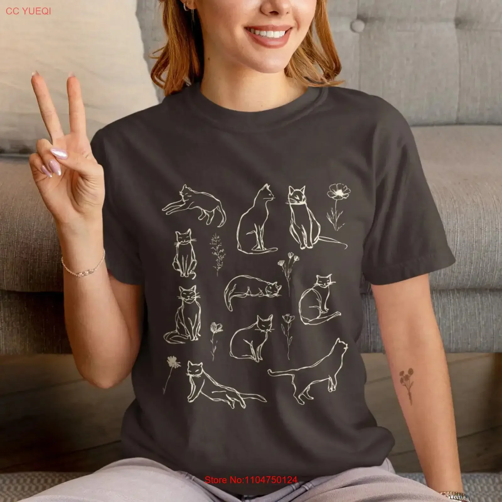 Cat Poses Line Art T shirt Vintage Style Sketch Drawing vintage Washed graphic fashion Soft streetwear Casual Comfortable