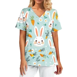 Uniforms Women Medical Easter Bunny Cartoon Print Obstetrics Nursing Tops V-Neck Short Sleeve Tees Pet Medical Scrubs For Women