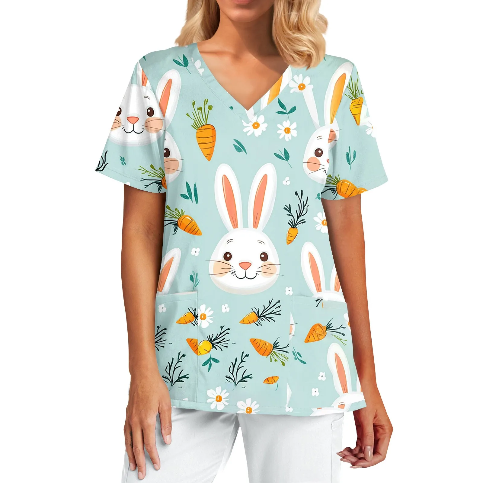 Uniforms Women Medical Easter Bunny Cartoon Print Obstetrics Nursing Tops V-Neck Short Sleeve Tees Pet Medical Scrubs For Women