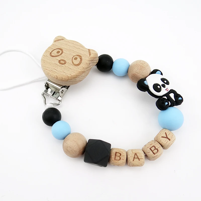 Clips de sucette personnalisés avec nom de dessin animé, chaîne factice en bois, perles en Silicone, Clip pour bébé sans BPA, collier d\'attache de