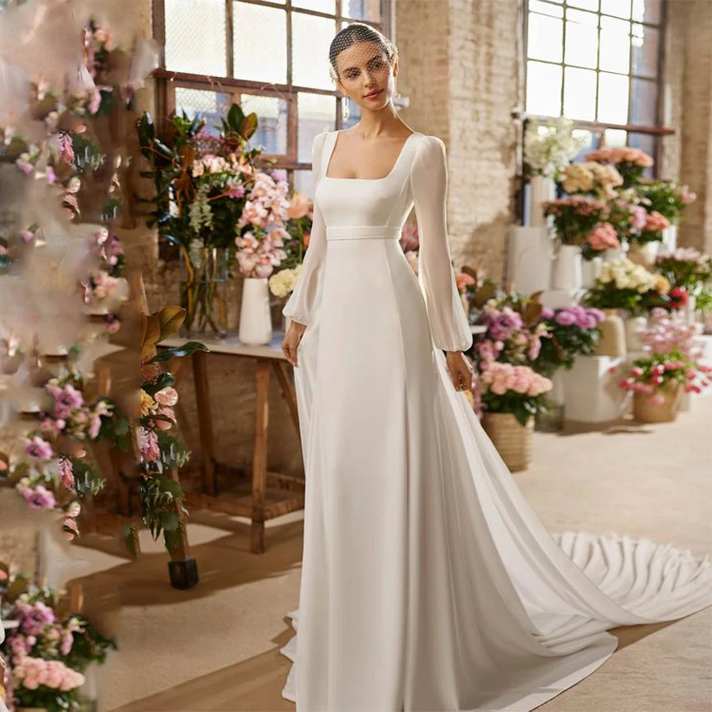 Customized High Quality White Sexy Wedding Dresses Satin Square Collar Prom Gowns Backless A-line for Floor Length for Woman