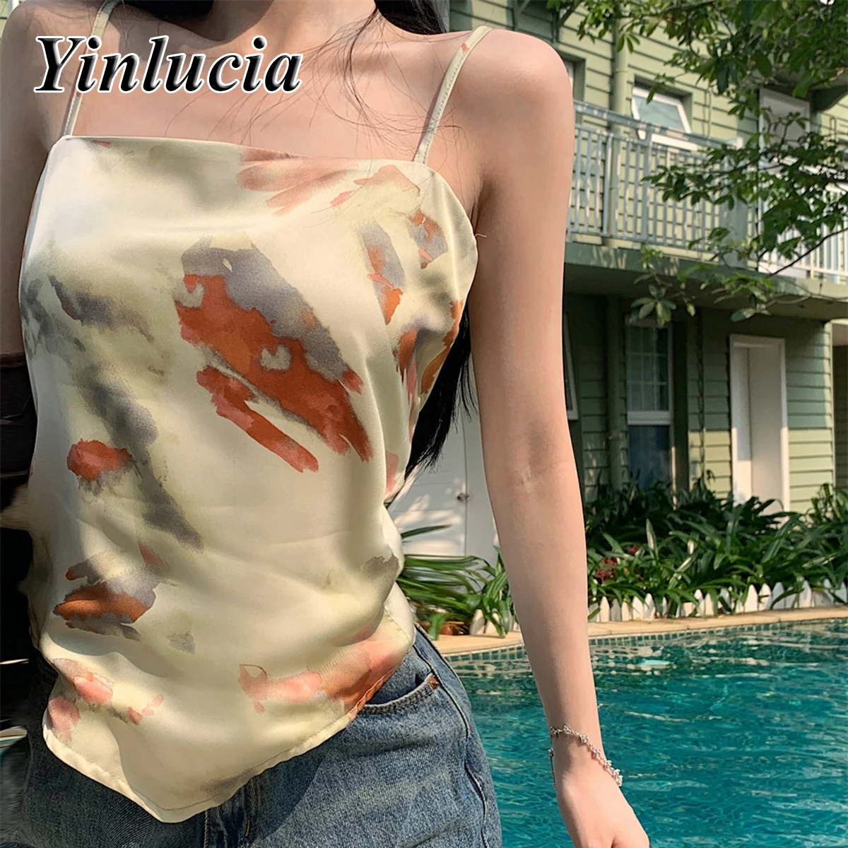 Sexy Sweet Spicy Girl Triangle Scarf Women's Vest Strap Top Sling Tie Dye Satin Suspender Shining Nightclub Hot Summer New