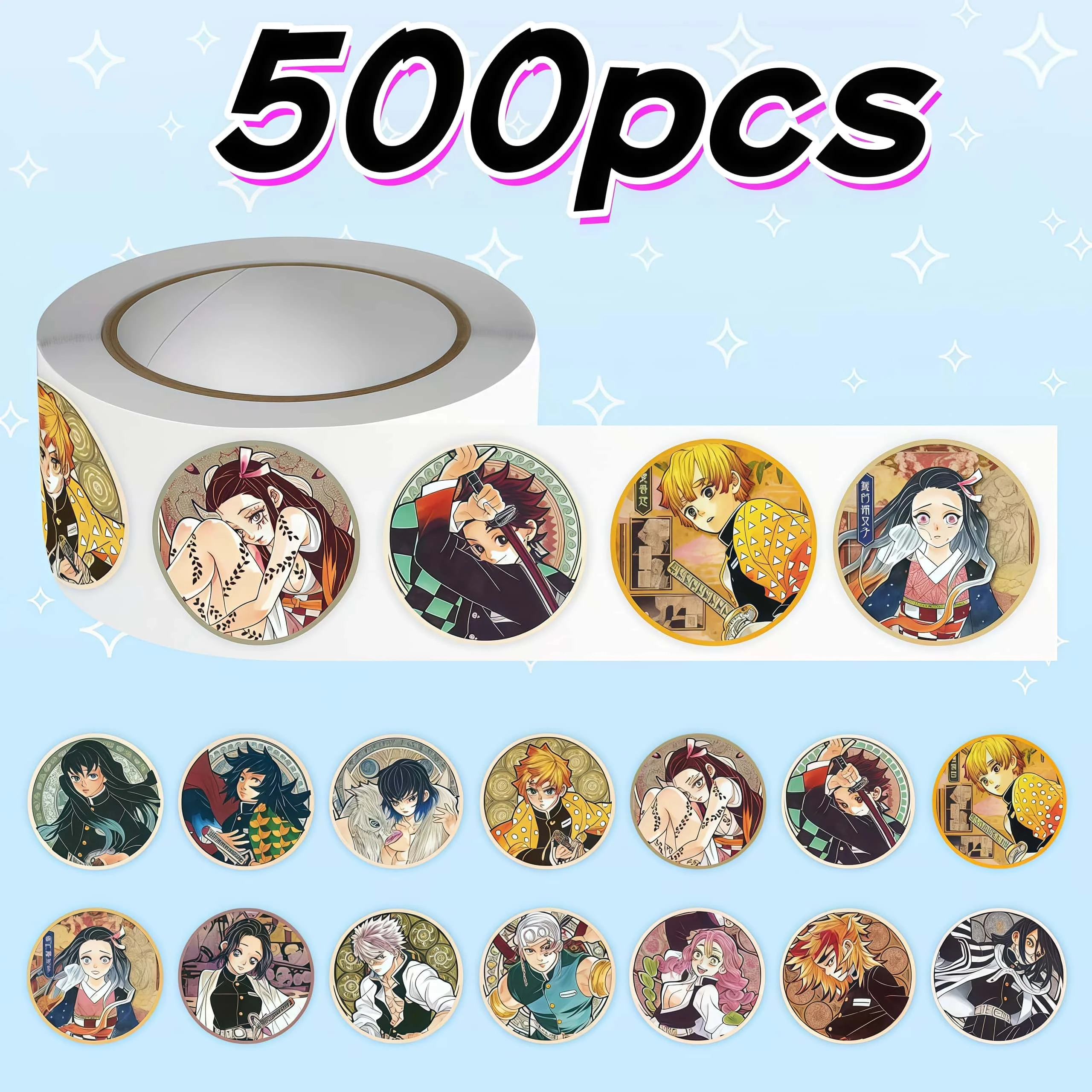 500Pcs Colorful Demon Slayer Round Sticker Roll, Vibrant Manga Character Labels for Packaging Journal Scrapbook DIY Decor