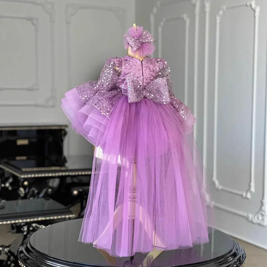 Children Light Luxury Host Piano Performance Princess Ball Girls Cute Bow Sequins Design Wedding Dress g458