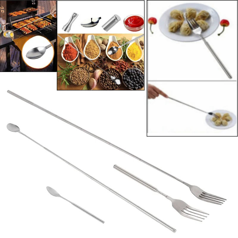 

Telescopic Fork Spoon Scalable Meat Vegetable Forks In Stainless Steel BBQ Accessories Bar Tools Bartender Cocktail Mixing Spoon