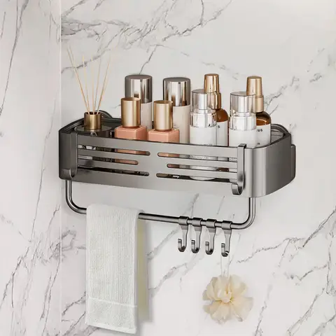 Viladepot – étagère à ventouse grise, étagère de salle de bain, organisateur de fret avec 4 crochets, 1 pièce, porte-serviettes