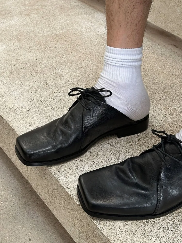 Fashion Mens Square Toe Lace Up Slip On Slippers Horsehide Genuine Leather Business Casual Work Shoes Summer Comfortable Loafers