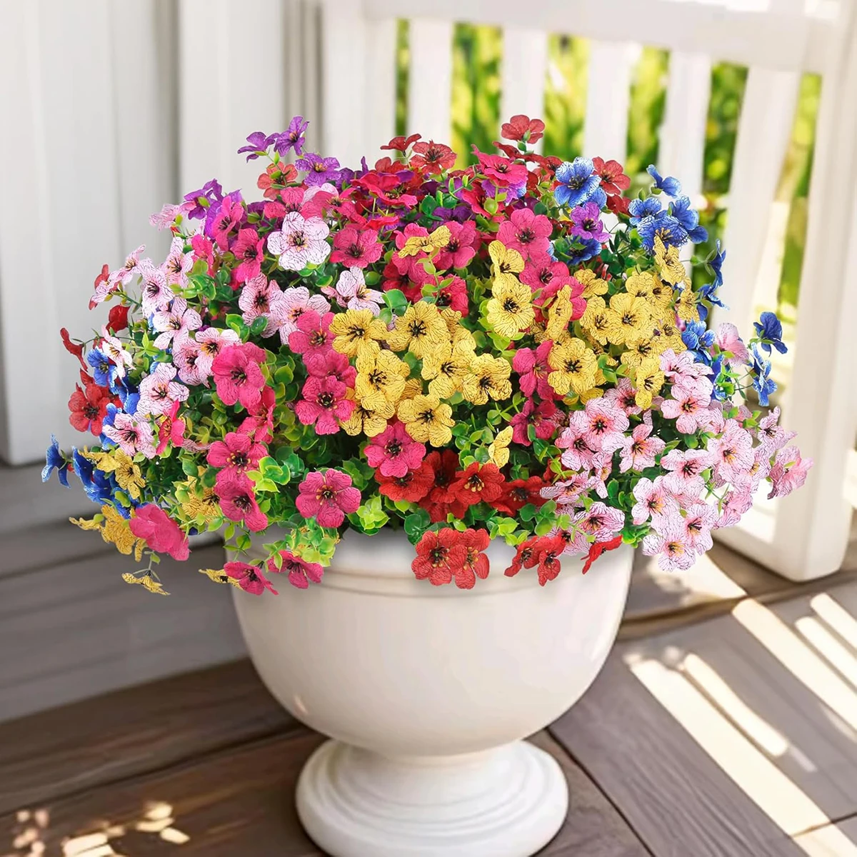 Yannew 15pcs UV Resistant Artificial Violet Flowers for Outdoors Plastic Eucalyptus Plants Summer Home Garden Porch Window Decor