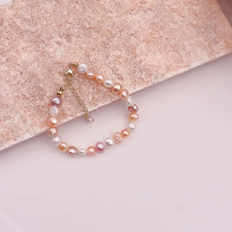 Minar Delicate Contrast Color Baroque Freshwater Pearl Strand Bracelets for Women Gold Plated Copper Beaded Wedding Jewelry