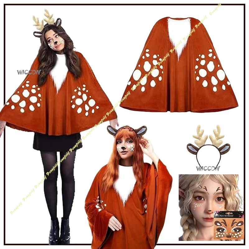 Halloween Christmas Jungle Reindeer Cape Cosplay Costume Witch Performance Manufacturer Supply Girls Boys Cute Animal Face Stick
