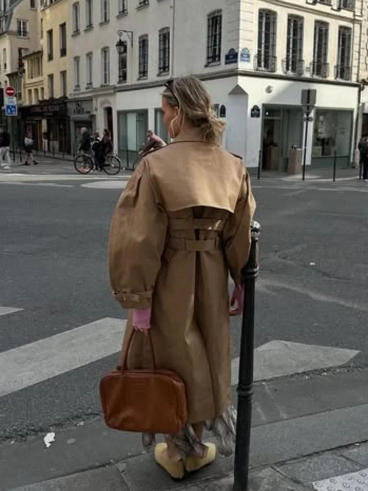 Vintage Long Sleeve Trench Coat Women Fashion Turn-down Collar Solid Double Breasted Jacket With Belt 2025 Autumn Windbreaker