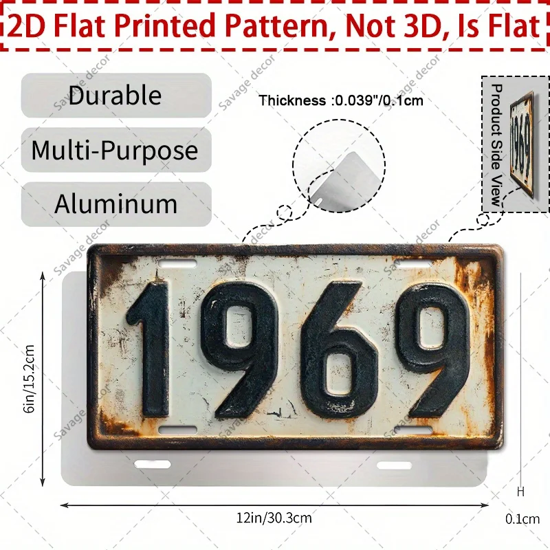 2D Flaches Vintage 1969 Metallschild 30,48x15,24cm Distressed Aluminium Wanddekoration Kunst Einfach zu Befestigen für Männerhöhle Terrasse Garage Café Bar
