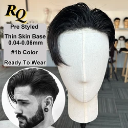 Pre Cut Thin Skin Toupee Men V Looped Human Hair Men Wig 1B 0.04-0.06 mm Hair Replacement Systems Piece Protesis Hombre Male