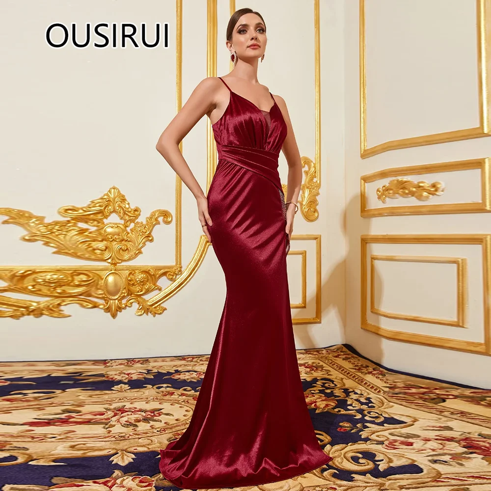 

Elegant V-neck Satin Pleated Mermaid Evening Bridesmaid Gown Backless Beaded Side Slit Evening Gown with Sweep Trian Custom Made