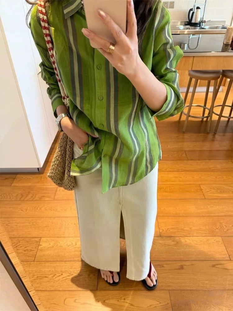 

MOSA Linen Shirt Green Stripe Loose Long Sleeve Women's Casual Sun Protection Top Breathable Moisture Wicking Ultra Light